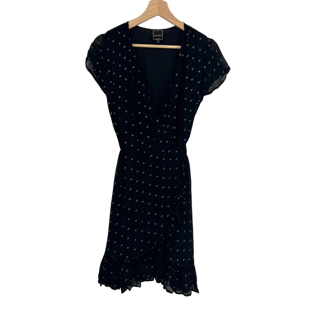 Jolie Jolie Black Gold Print Fit and Flare Ruffle Wrap Dress